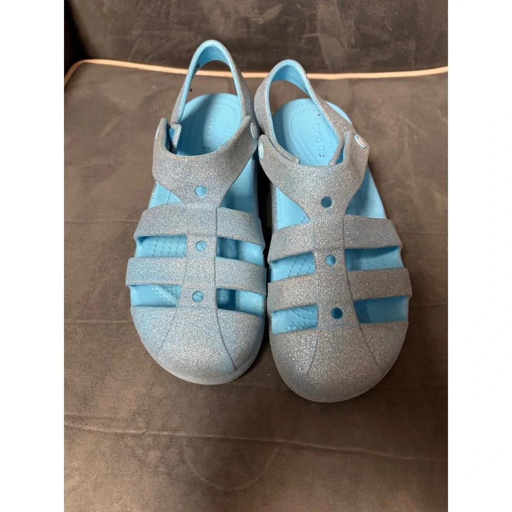 Crocs Glitter Sandals Blue Sparkle Jelly Fisherman Shoes Kids Junior 4